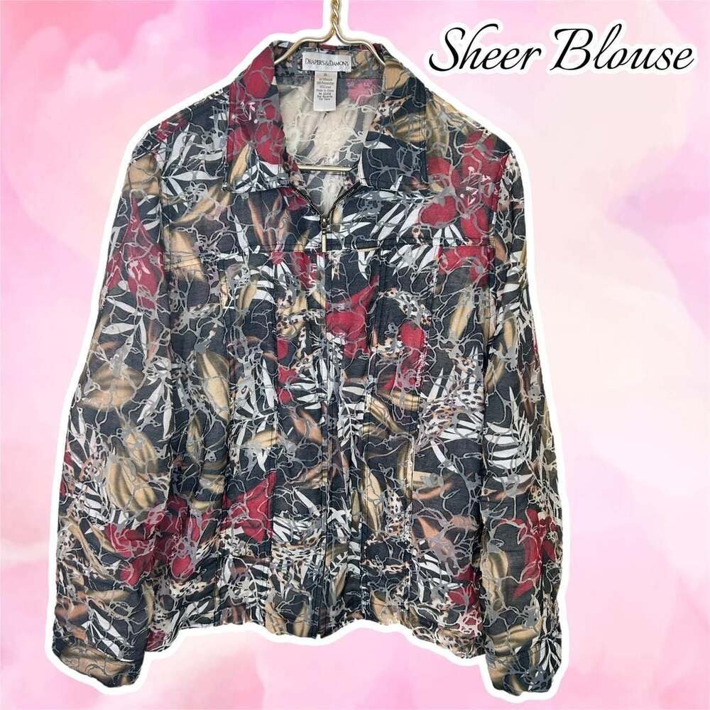 Draper's & Damon's Vintage 80s Partial Sheer Tropical Zip Blouse
